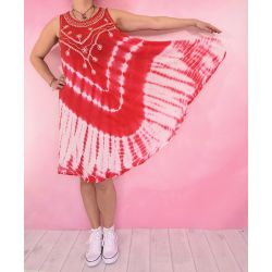 Sukienka indyjska za kolano - na szerokich ramiączkach - czerwony batik