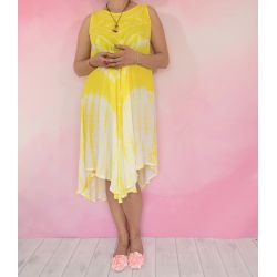 Sukienka indyjska za kolano - batik na ramiączkach - żółty z białym