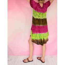 Sukienka indyjska za kolano - batik rękawkiem i - fuksja z zielonym
