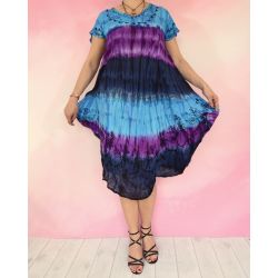 Sukienka indyjska za kolano - batik rękawkiem i - lazurowy z fioletowym