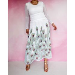 Spódnica indyjska długa - rayonowa krepa z cekinami i złotem - białe pawie pióra