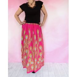 Spódnica indyjska długa - rayonowa krepa z cekinami i złotem - różowe pawie pióra