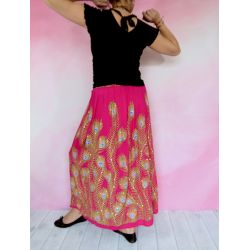 Spódnica indyjska długa - rayonowa krepa z cekinami i złotem - różowe pawie pióra
