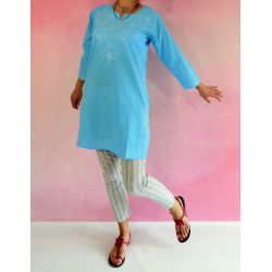 Tunika indyjska bawełniana - długa z haftem - turkusowy błękit