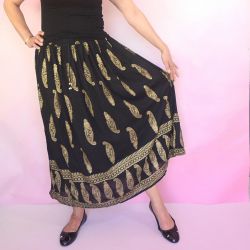 Spódnica indyjska długa - rayonowa krepa z dzwoneczkami - czarny w złote paisley