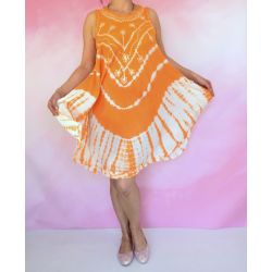 Sukienka indyjska za kolano - batik na ramiączkach - pomarańczowy z białym